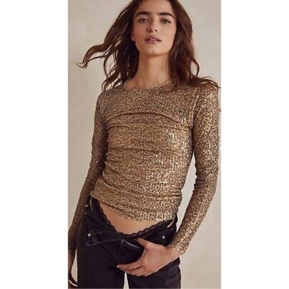 Free People Intimately Gold Rush Combo Sequins Top Blouse Size Small - Picture 9 of 15
